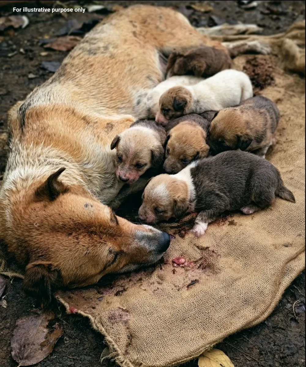 Exhausted Mother Dog Cries for Help as She Tries to Care for Her Puppies