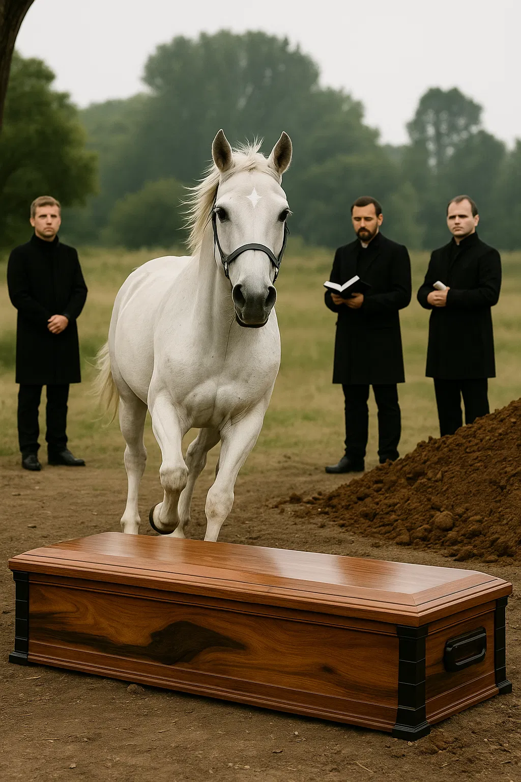 During the funeral, a horse suddenly emerged from the woods and ran straight toward the coffin — the attendees were stunned when they found out why the animal did this